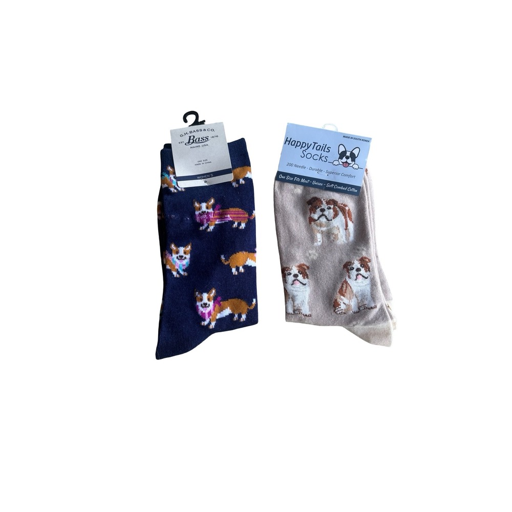 G.H. Bass & Happy Tails Dog Socks Bundle Corgi Bulldog Navy Tan‎ NWT One Size